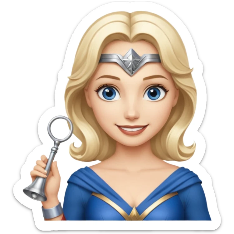 Blonde blue eyes Wonder Woman holding bell and short white orchestra conductor’s baton  sticker