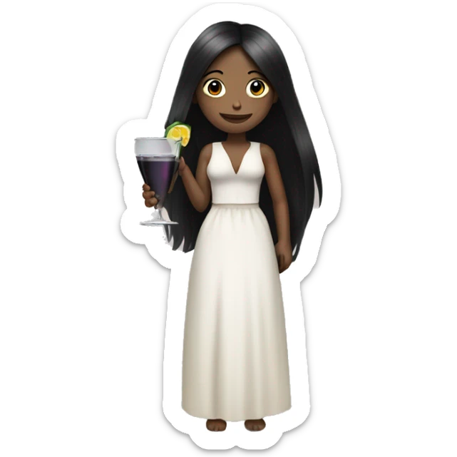 Pale girl with long black hair with chest holding cocktail sticker