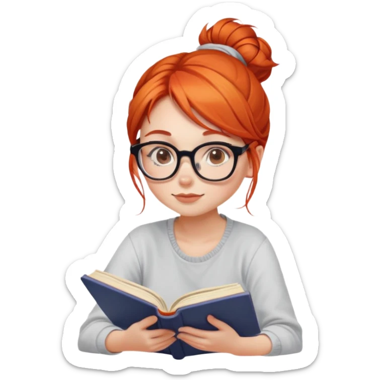 cute girl with red/orange hair sitting reading a book with hair in messy bun and glasses on sticker