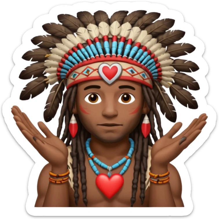 Black American man dark brown with dreads with a American Indian headdress with making a heart with both his hands sticker
