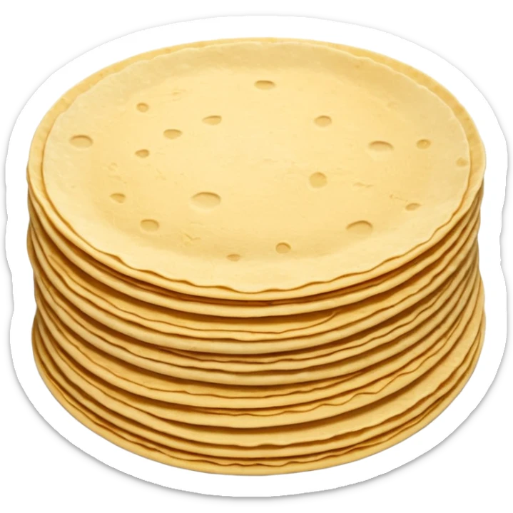 stack of 2 or 3 small round corn tortillas, warm golden-yellow color, slightly grainy texture, light browning spots, subtle uneven handmade edges, flat and soft, arranged with slight offset, no plate, no filling, no garnish, soft lighting, subtle shadows, emoji scale sticker