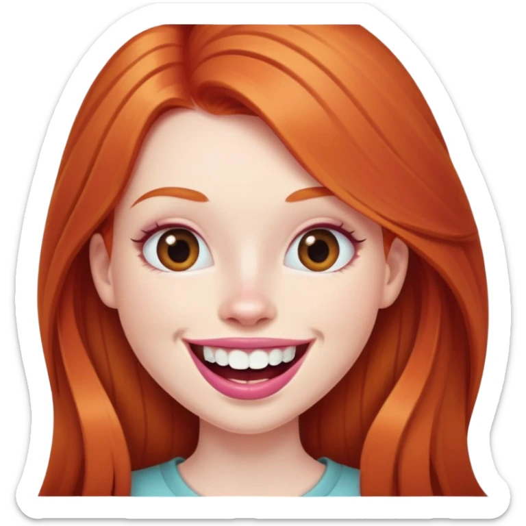 Young girl with pale skin, full pink lips smiling with big teeth, very long straight ginger red hair, bigger nose, deep brown eyes, big mouth sticker