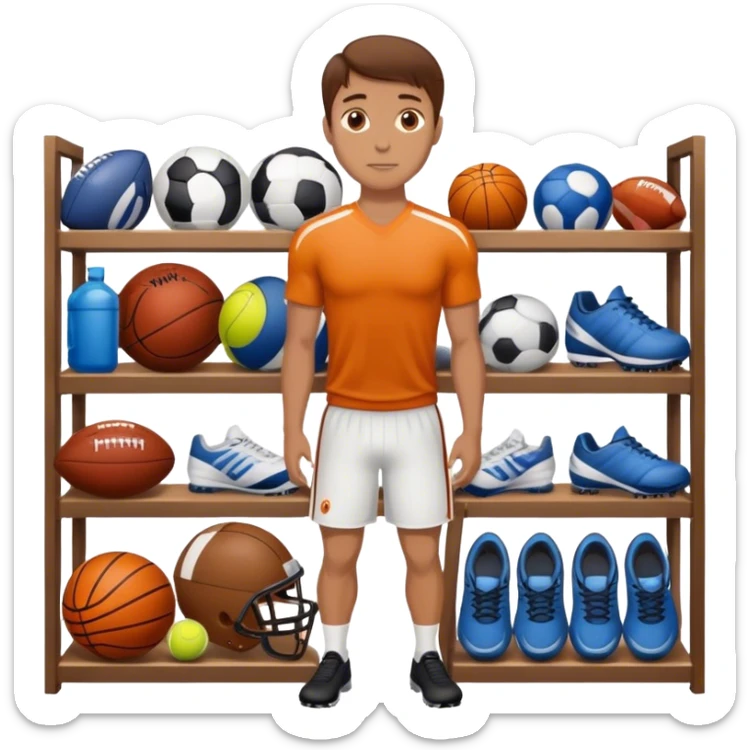 a white  salesman with brown hair standing next to a shelf where sports equipment is placed sticker