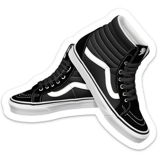 Pair of black Vans Sk8-Hi high top sneakers with white stripe, one positioned behind the other, showing the signature side stripe, black canvas and suede sticker