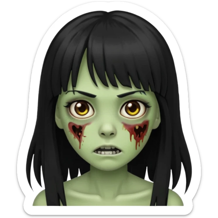 Zombie emoji girl, skin green, black long hair with bangs black, brown eyes  sticker