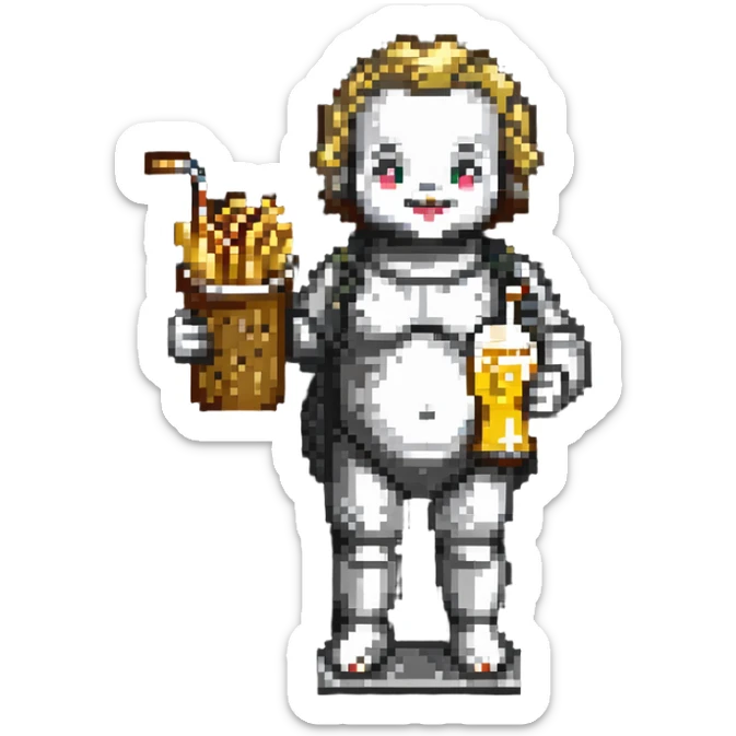 Belgian Manneken Pis statue holding a beer in one hand and fries in the other, pixel art sticker