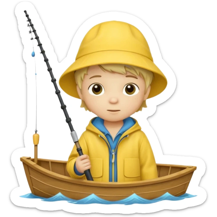 Little boy on a little boat fishing, felt texture, scrapbooking, precious moments style character sticker