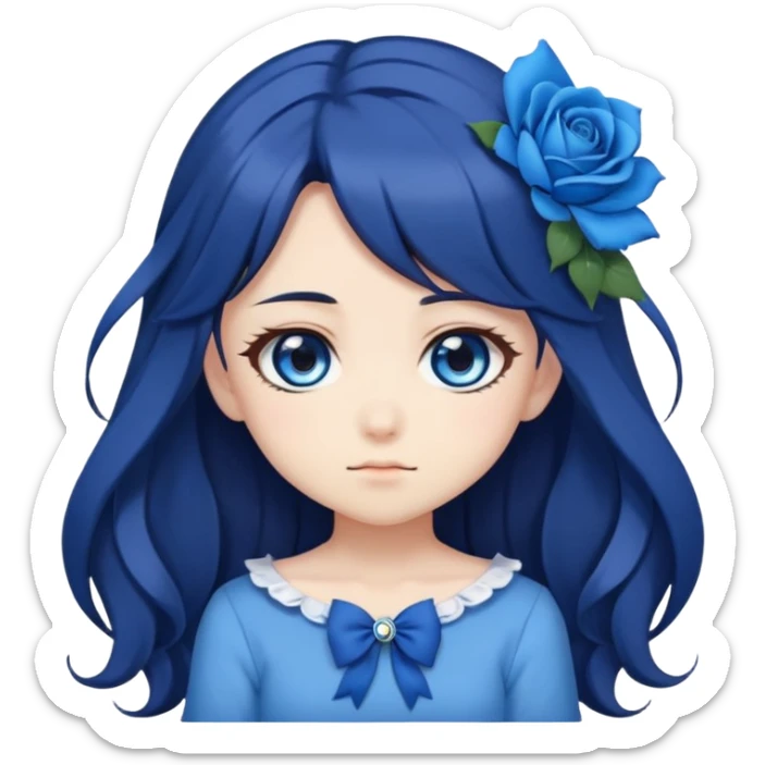 cute anime girl emoji, long dark hair, blue rose hair accessory, big blue anime eyes, chibi anime style sticker