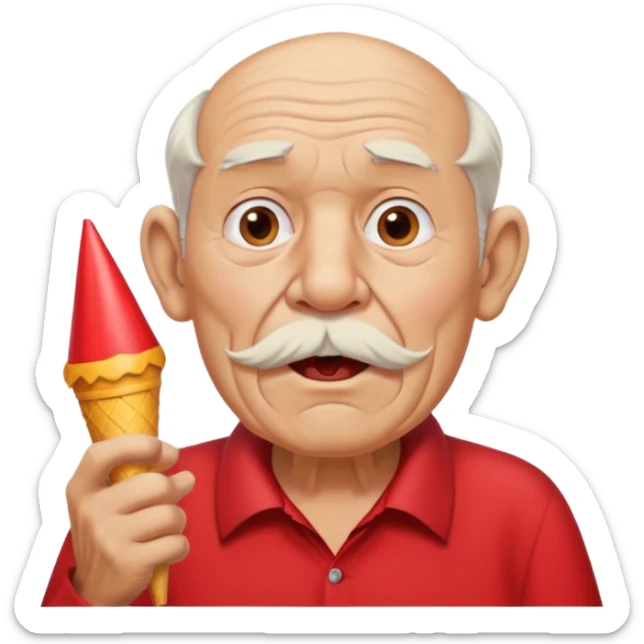 old man with red shirt and birthday cone, party horn on his mouth sticker