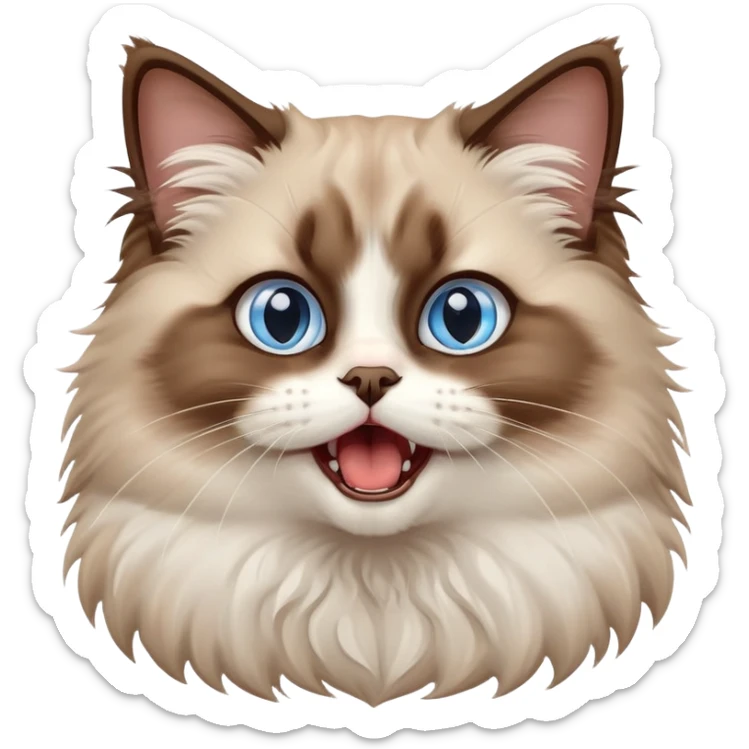 cinematic-adorable-big-eyed-fluffy-brown ragdoll-cat-portrait-emoji,-head-tilted-playfully-with-a-cute,-yawn,-white and brown fur,-simplified-yet-irresistibly-cute-features, blue eyes sticker