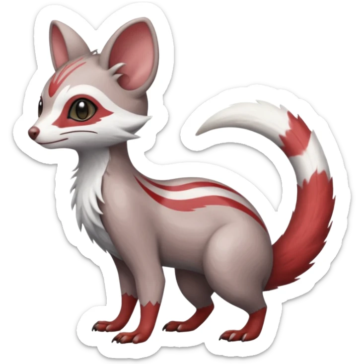 Minccino-Mongoose-Lykoi-Emolga-Pachirisu-Zangoose-fusion-hybrid-animal-Fakémon-creature, full body, thin long sleek scaly tail, intricate markings sticker