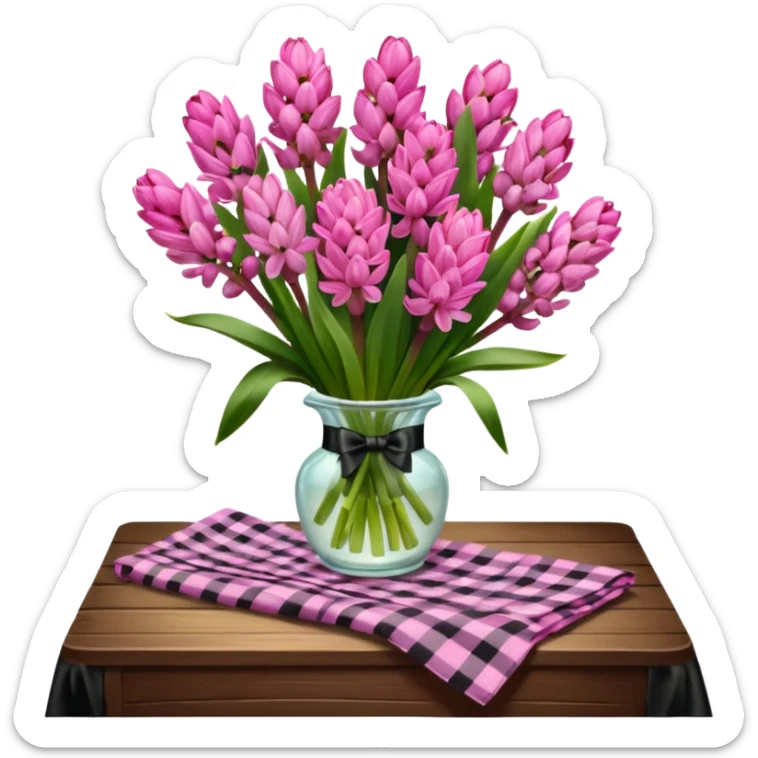 A lush bouquet of bright pink color Hyacinths black satin ribbon, resting on an antique wooden table, with a pale yellow and pink plaid pattern table cloth sticker