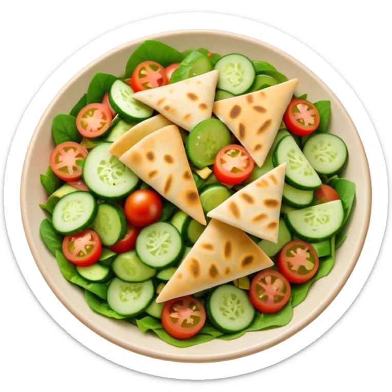 Cinematic Realistic Fattoush Salad Dish Emoji, depicted as a colorful medley of greens, tomatoes, cucumbers, and crispy pita rendered with vibrant textures and refreshing lighting. sticker