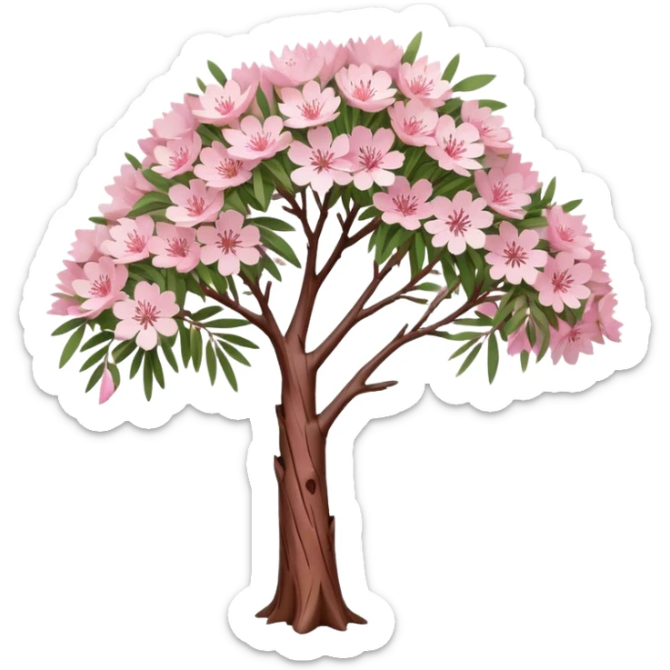 Cinematic Realistic Melaleuca Emoji, Elegant and resilient, with peeling, papery bark and delicate, needle-like leaves. The tree stands tall and graceful, with clusters of white and pink flowers dotting the branches. Soft glowing outline, capturing the essence of natural elegance and resilience in a beautiful melaleuca tree! sticker