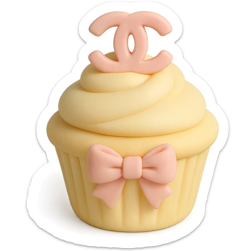 pastel yellow Chanel cupcake with a pink bow and logo sticker