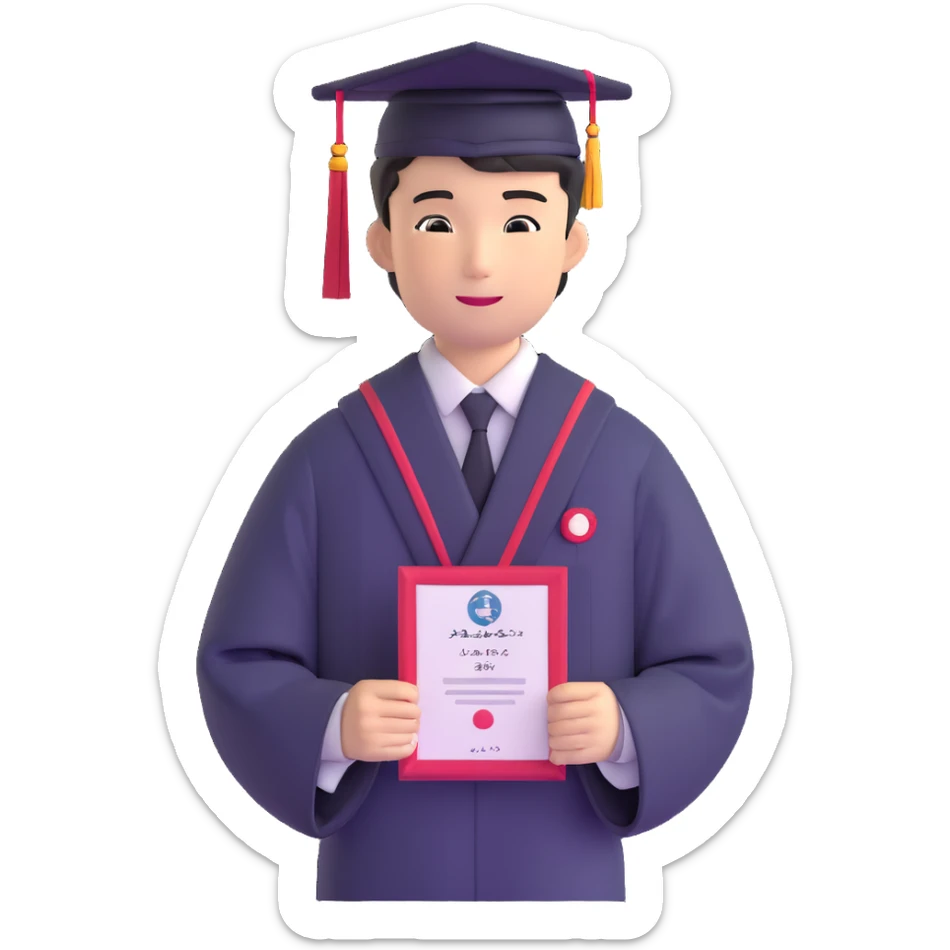 Japanese male high school graduate in formal uniform with diploma at ceremony sticker