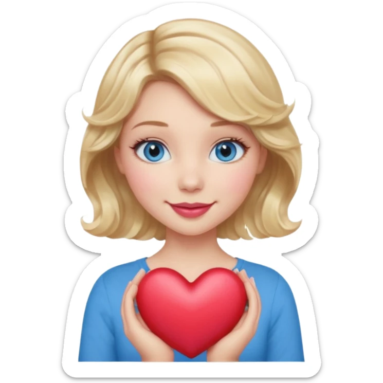 Girl Blonde short wavy hair,  blue eyes, cute blue top, long lashes, pink lips, smiling, holding a big heart sticker