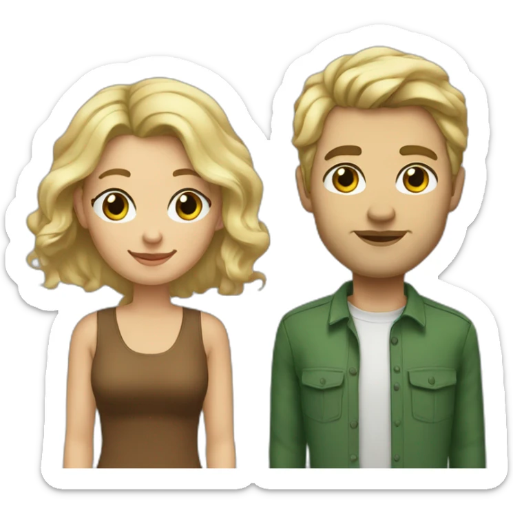 An american couple. The woman is blonde and has blue eyes and long wavy hair. The man has brown, short hair, his left ear is perced. His eyes are green sticker