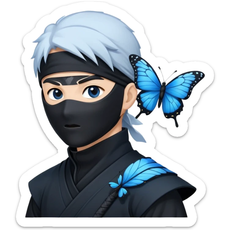 Emoji  con estos dos emojis 🦋 🥷🏻.
Ninja vestido de negro con los ojos de color negro y la piel blanca y con la mariposa azul posada en su hombro izquierdo como si estuviera volando en su hombro. sticker