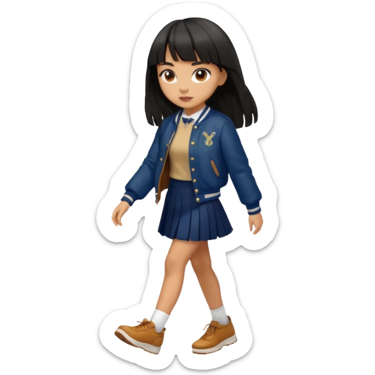 black color long hair with fringe, light skin long hair girl with brown varsity jacket,  navy long skirt walking

 sticker