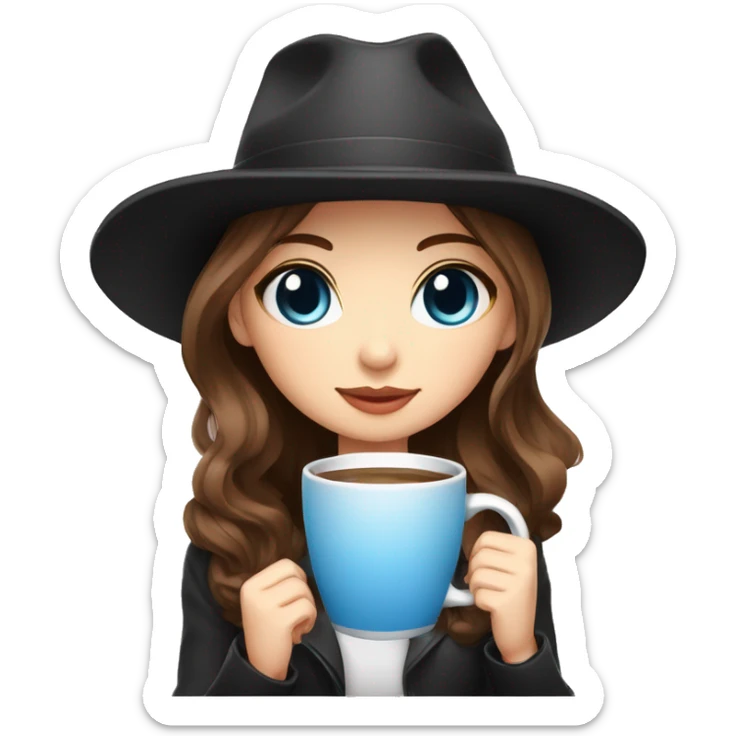 A girl with brown hair with blue eyes in a black panama hat holds a mug.chibi style sticker
