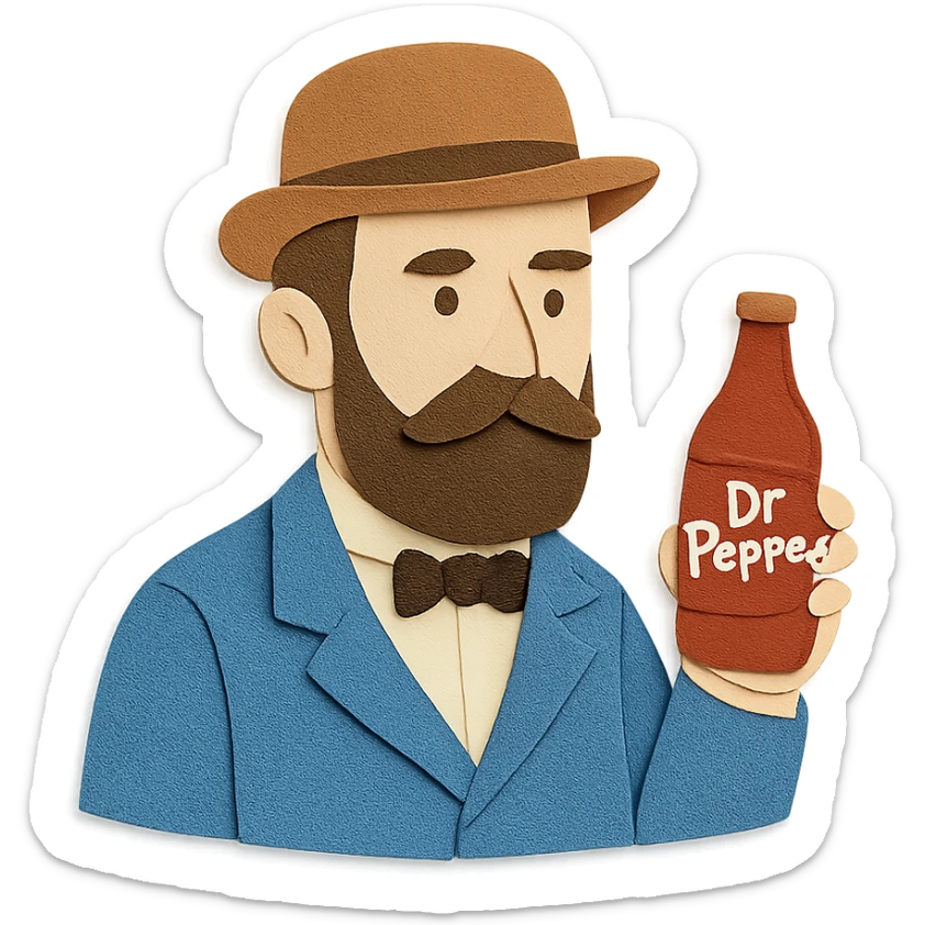 Charles Alderton holding a Dr Pepper in paper craft style sticker