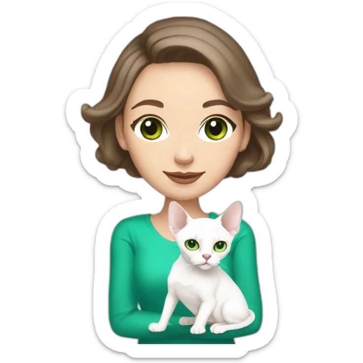 White brunette woman with green eyes and bob hair holding slim white devon rex with light blue eyes sticker