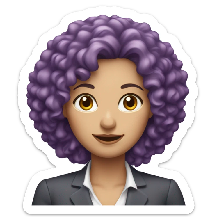 European, purple curly hair, woman, middle-aged, professional attire. sticker