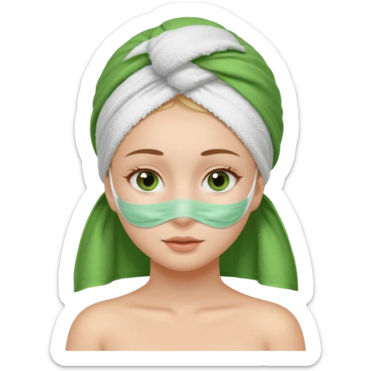 Una chica con una toalla en la cabeza y en el cuerpo y con una mascarilla facial  sticker
