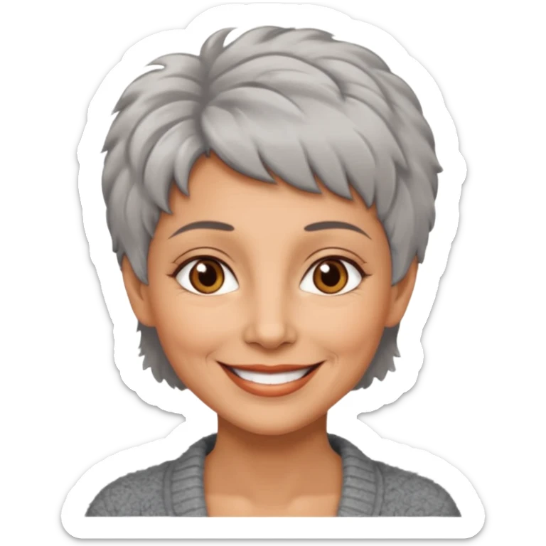 woman 50 years old, short grey fluffy hair, tannes skin and brown eyes sticker