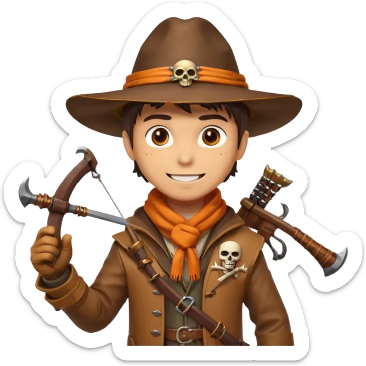 male human monster hunter emoji, wearing brown leather coat and wide hat, holding crossbow or rifle, with amulet shaped like skull, Halloween fantasy theme, confident smile, orange scarf, Apple emoji style, clean white background, square image sticker