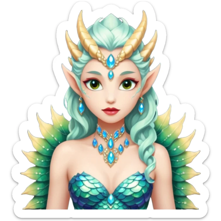 Am amazing blend of a half dragon woman with glittering jeweled scales covering her body. She has large almond shaped eyes, lush lips, and she wears a stunning luminescent gown. sticker