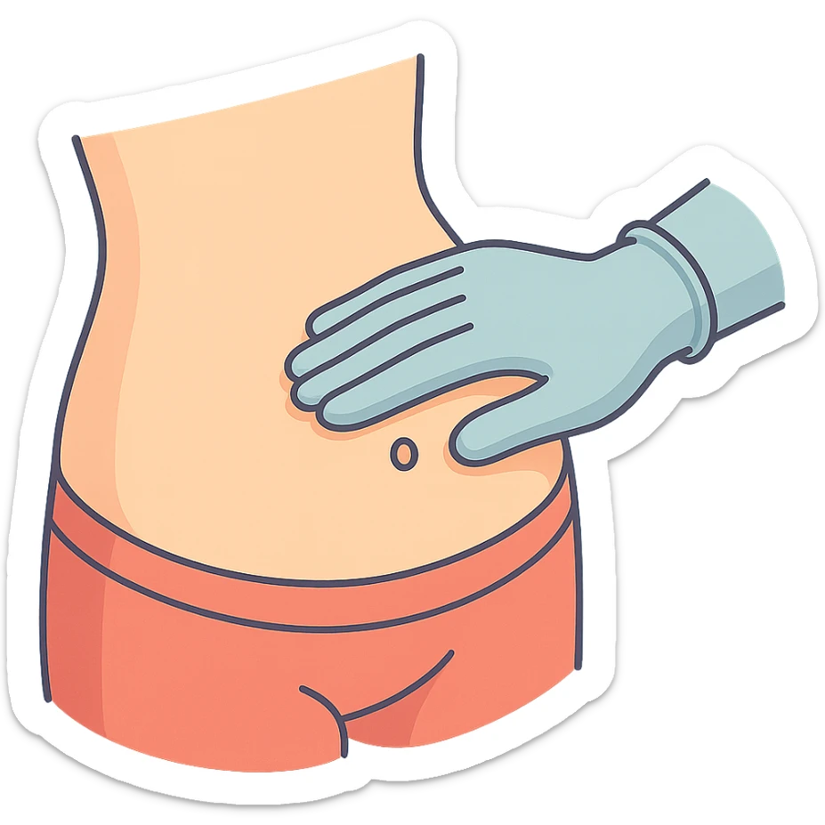 close-up of human abdomen, a doctor's hand palpating, hand coming from the other side, wearing latex glove, 2D isometric style, soft rounded shapes, clean contours, pastel palette, detailed shadows and highlights, modern illustration, transparent background sticker