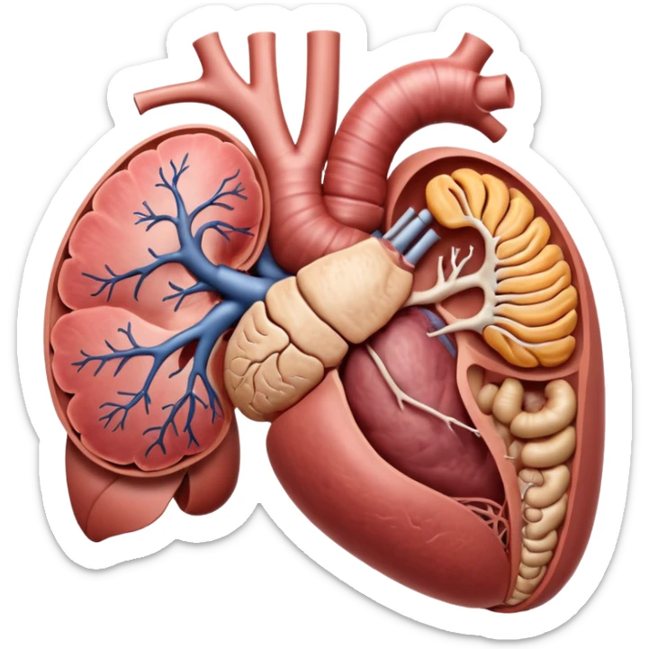 A highly detailed 3D anatomical model of the stomach of a human, including but not exclusive to the intestines, stomach, kidneys etc. Medical illustration style, realistic lighting, neutral background, hyper-detailed, scientific accuracy, 8K resolution sticker