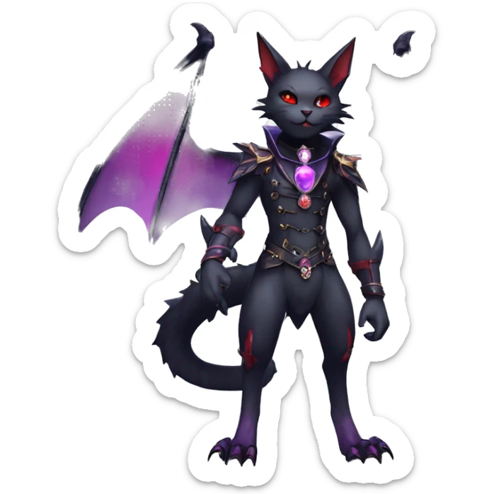 cool kawaii edgy evil black purple red ethereal fantasy beautiful elegant nargacuga-bat-cat-Fakemon wearing legs spats a collar harness with jewelries full body sticker