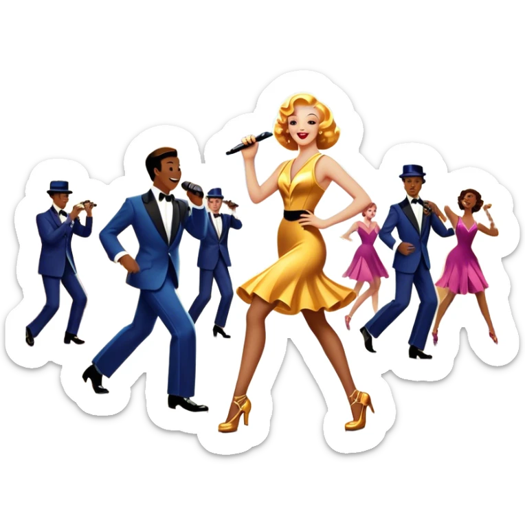 Vintage movie poster-style icon for a musical film. The cityscape glows in the background, evoking the golden era of musicals. A vibrant street scene with bright lights, dancers mid-step, a singer with a microphone, and a jazz band playing. Transparent background. sticker