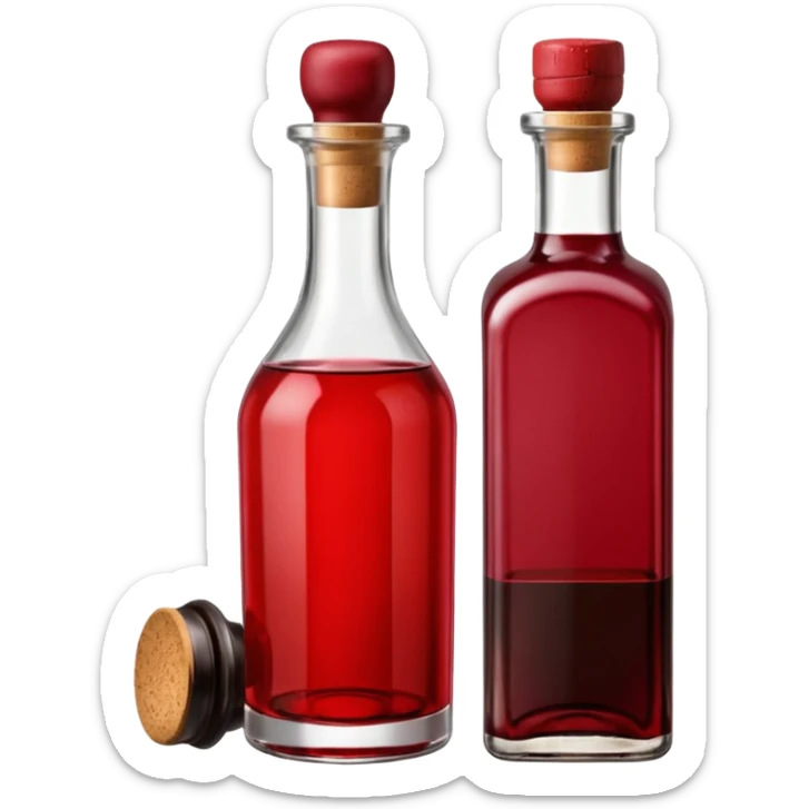Red wine vinegar and oil bottles, elegant glass, dark brown to ruby, round or square base, slender neck, cork or metallic cap, dark glass, reflections, 3D clean style, transparent background, optimized for emoji size sticker