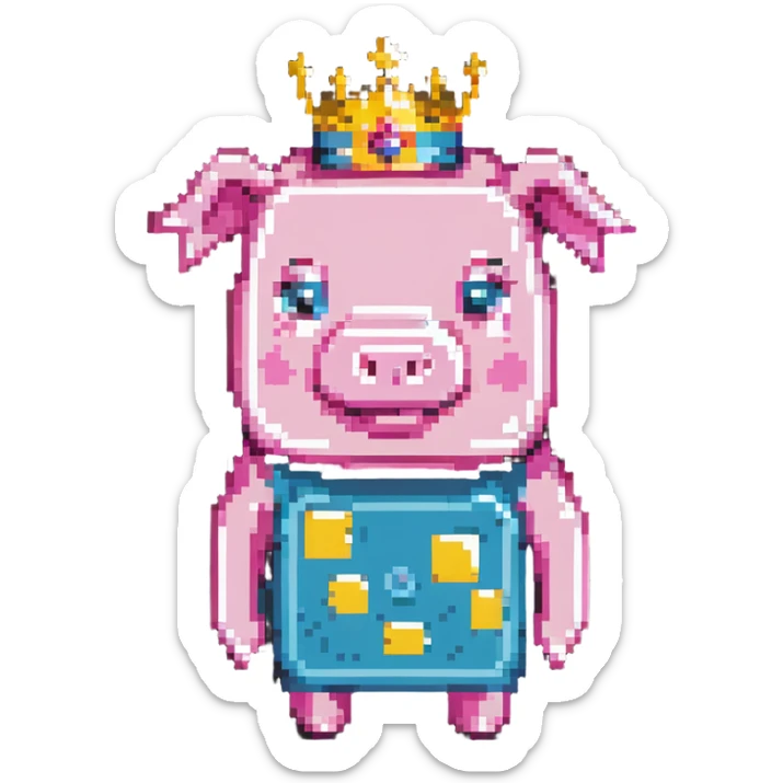 minecraft pig full body pink blocky animal square head square body wearing a crown sticker