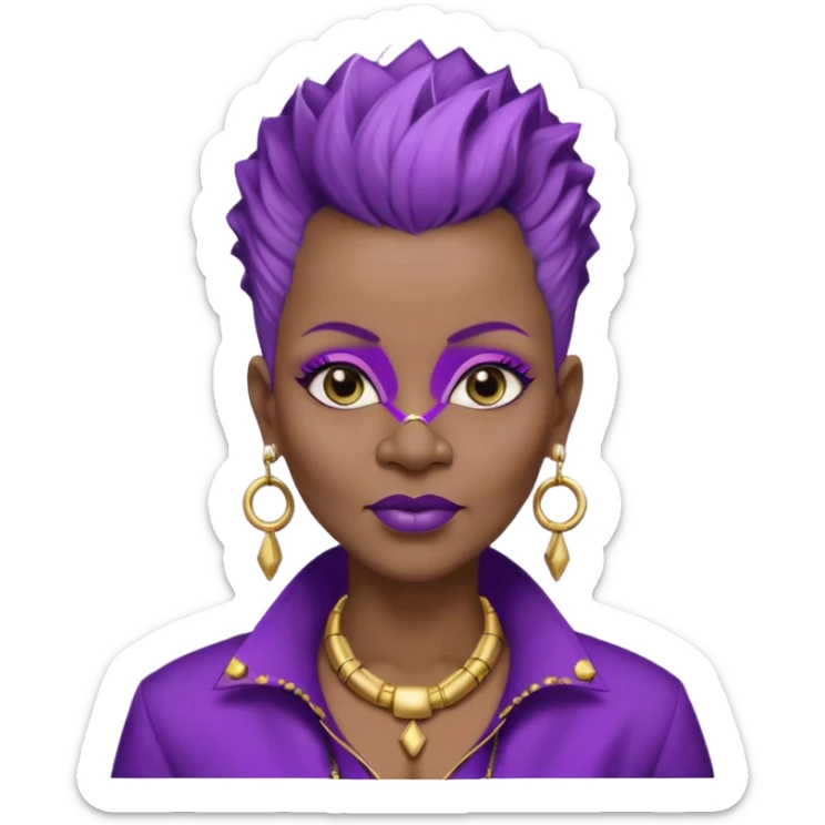 57yr old Qeen black woman with a natural hair mohawk style haircut adorning purple royalty clothing and purle lipstick and eyeshadow purple,  with a nose ring studs on each side of nose. Wearing gold square  bamboo earrings  sticker
