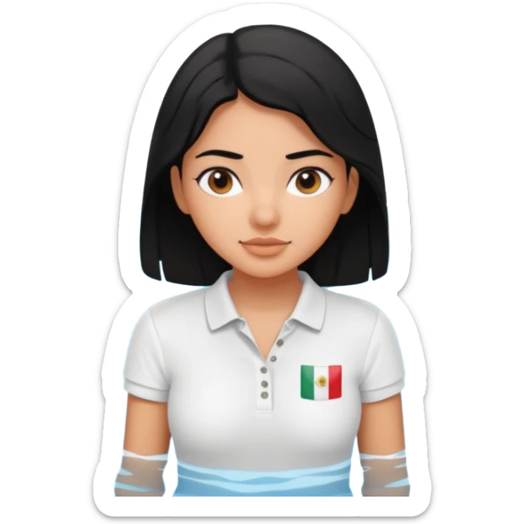 Mexican girl with black hair in pool while wearing white polo shirt sticker