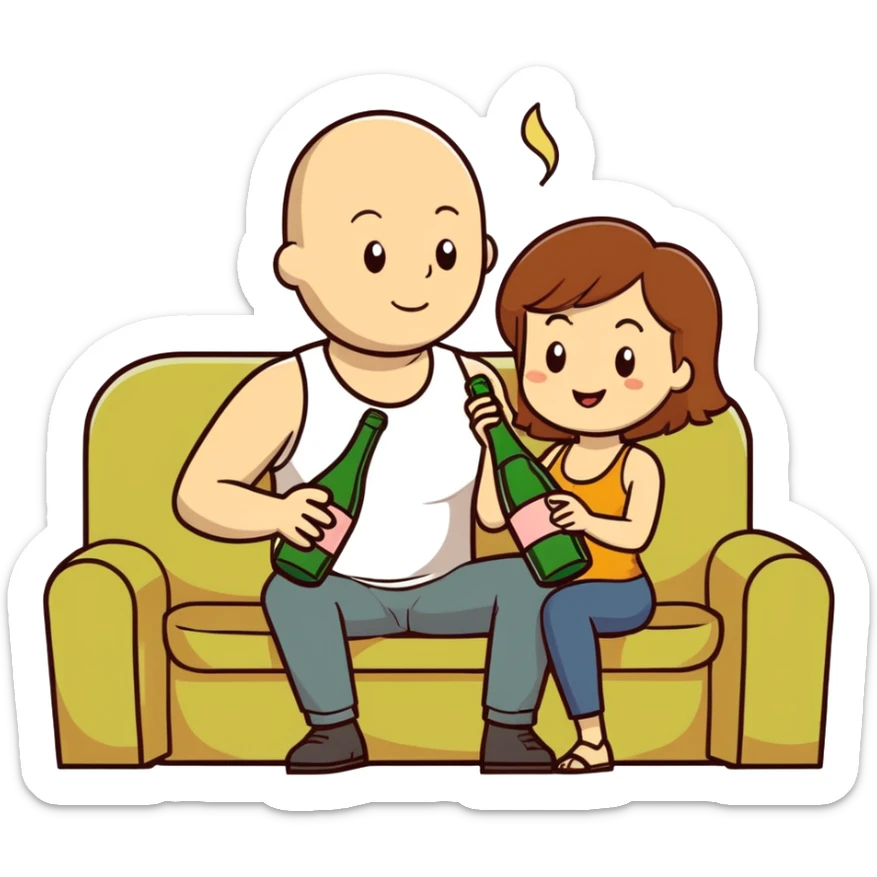 A bald man sitting on a couch. One Caucasian woman with brown hair, big boobs, wearing pants and a tank top, kneeling on the ground. She is hold a champagne bottle on his lap that is bursting sticker