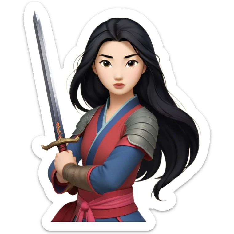 Cinematic Realistic Mulan Portrait, depicted with lifelike skin texture, soft natural lighting, and intricately detailed long black hair styled elegantly. Her deep, expressive eyes exude determination and grace, complemented by a serene yet confident expression. She stands with one hand resting on the hilt of her sword, the other by her side, exuding strength and poise. She is dressed in her classic attire, with rich fabric textures and delicate folds that catch the light beautifully. The portrait features a soft, enchanting glow with a natural, radiant finish, capturing the essence of timeless strength and beauty in a realistic and painterly style, evoking a sense of depth and authenticity. sticker