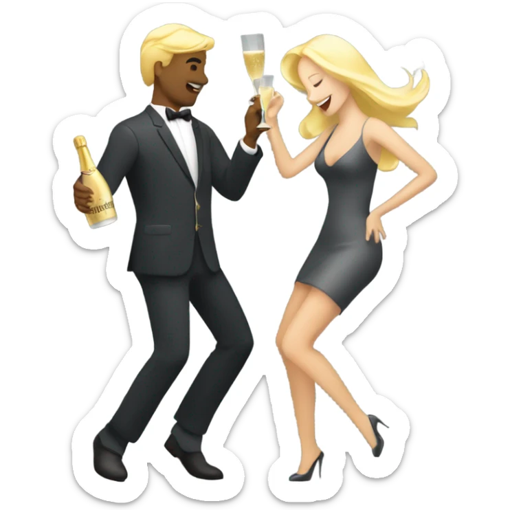 A grey man and a blonde woman dansing with a bottle of champagne by night sticker