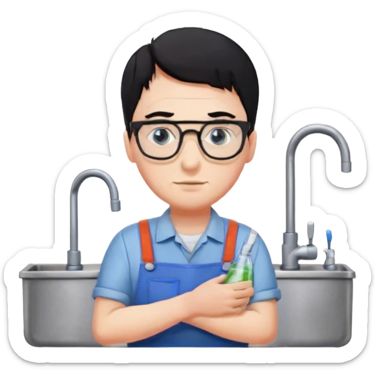 Plumber with black hair, glasses and blue eyes and salopette near kitchen sink sticker