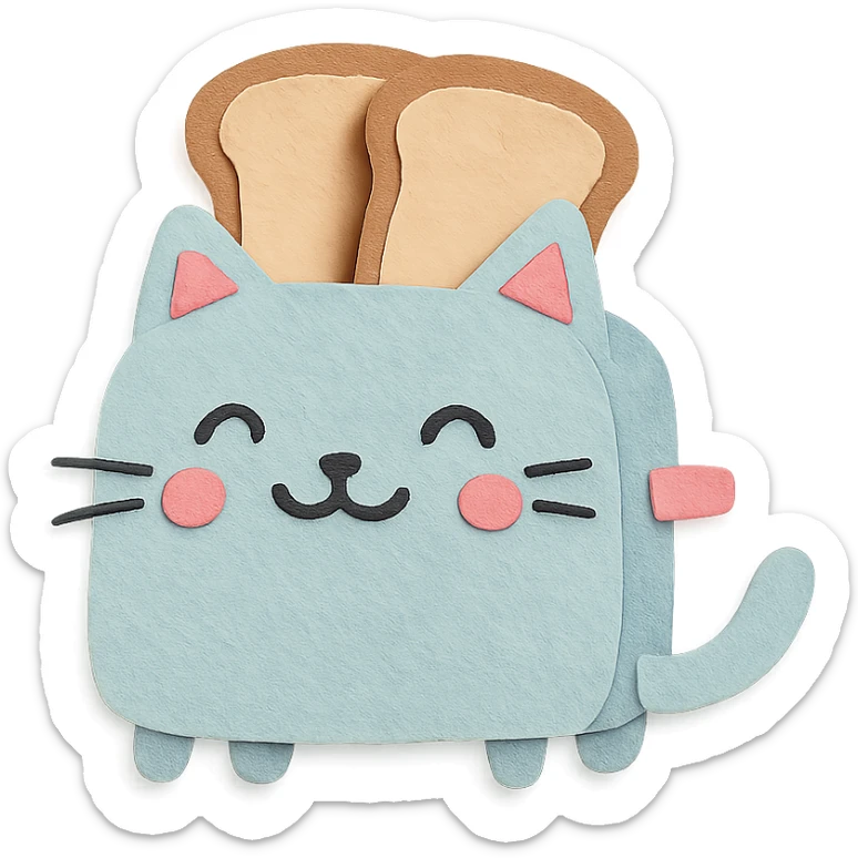 smiling toaster-cat hybrid with two toast slices, soft pastel colors, full-body sticker