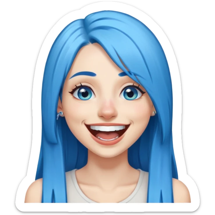 Blue haired blue eyes female long straight hair laughing, pierced lip, pierced nose sticker