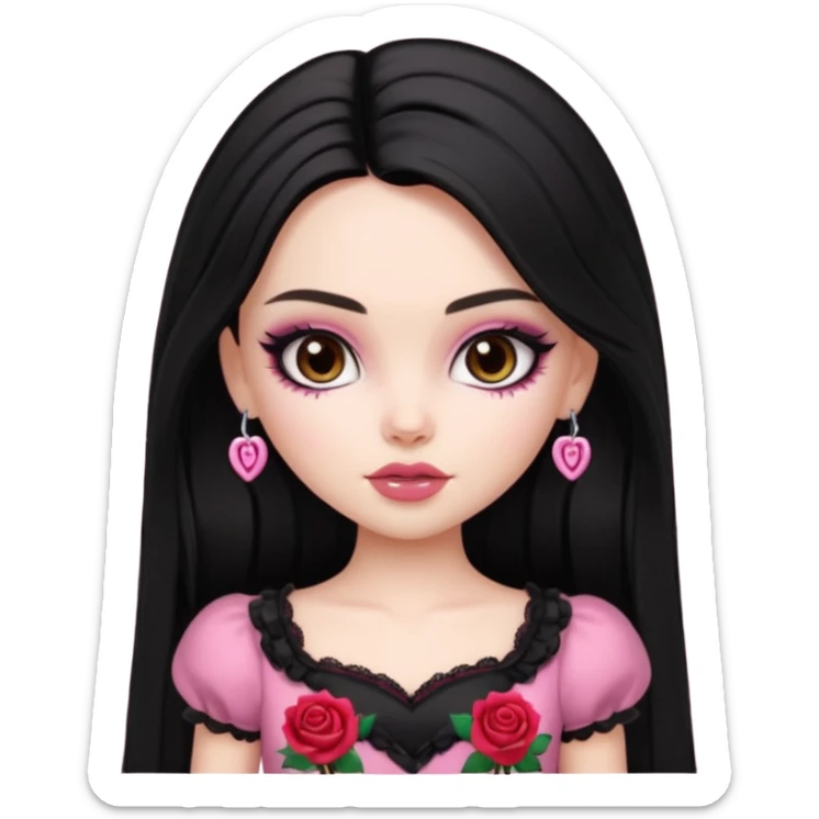 pale skin, girly bratz baddie, beautiful dark brown eyes, pretty makeup, long dark black straight hair, girly rose clothes sticker