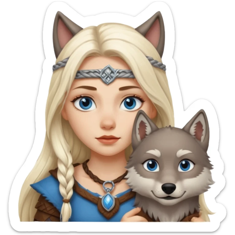Viking platinum blonde girl with long hair and blue eyes. Wolf petViking platinum blonde girl with long hair and blue eyes. Wolf pet sticker
