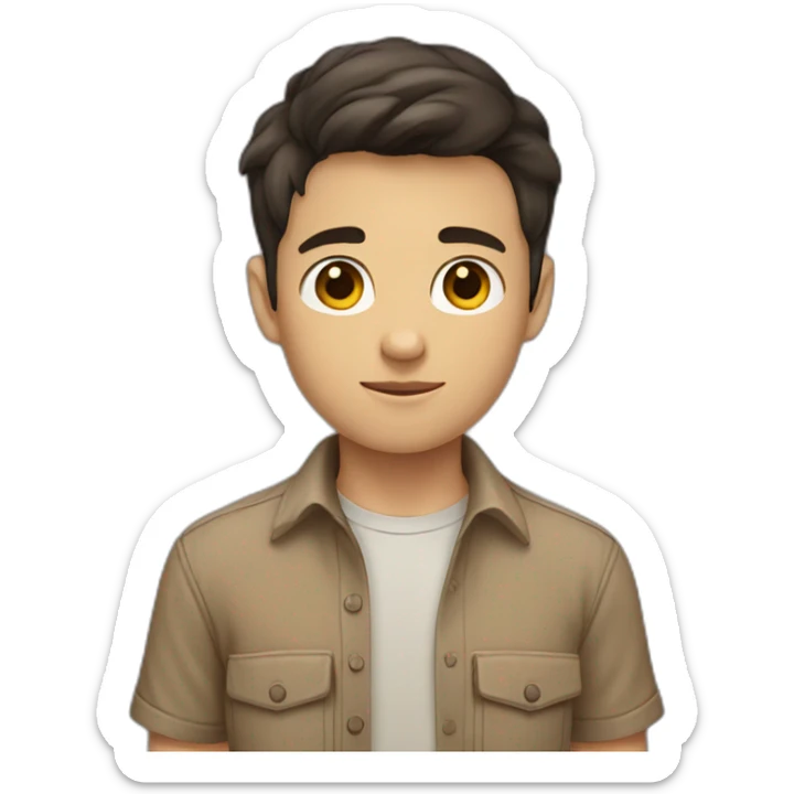 short dark hair white young boy in brown button up shirt with a tshirt under holding an arm sticker