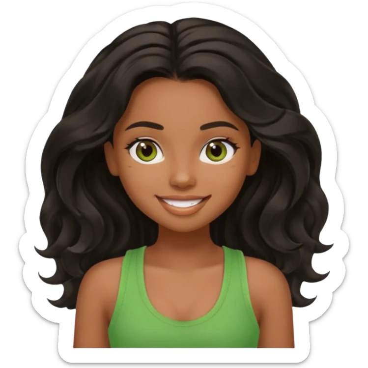a pretty bratz brown girl with long wavy black color hair, brown eyes and green tank who is smiling sticker